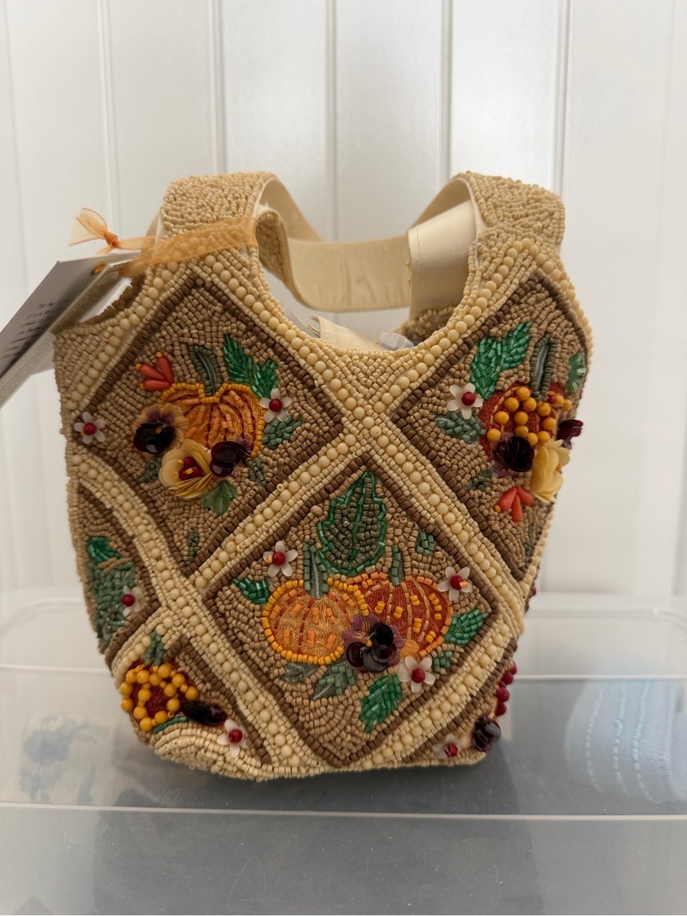 Beaded Mini Tote Bag with Pumpkin Motif - Beige. NWT